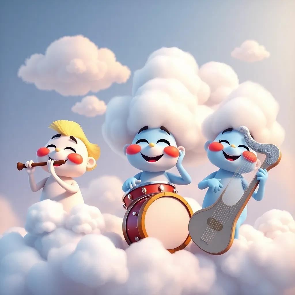 A variety of friendly clouds playing musical instruments, with Stratus on the flute, Nimbus on drums, and Cirrus on a silver harp, colorful digital art, lively and joyful setting, great details