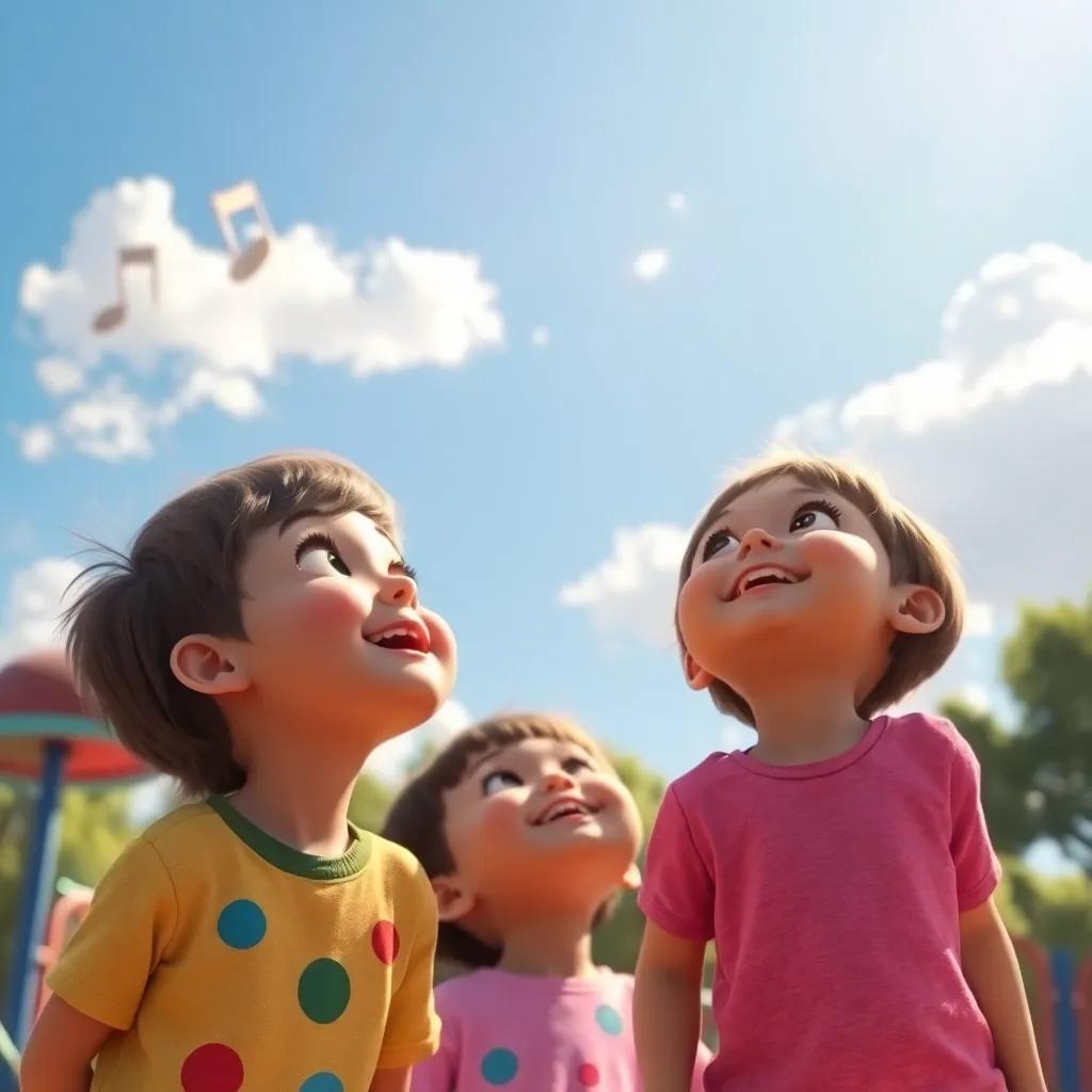 Children looking up from a playground, amazed and smiling, listening to the music coming from the clouds, bright sunlight casting warm shadows, cheerful scene, vibrant colors, high quality