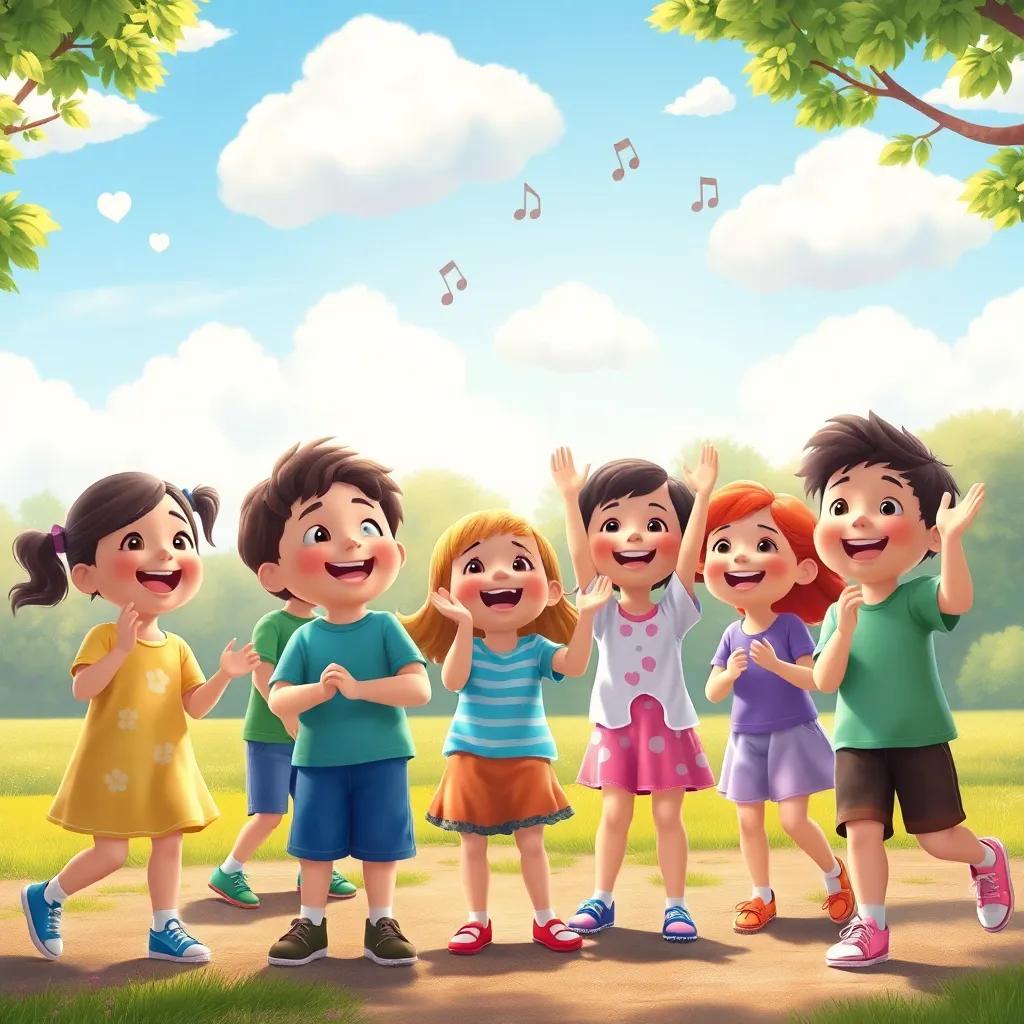 A joyful scene of children dancing in a park, clapping hands and smiling, while the Friendly Clouds play music in the sky above, animated style, colorful and inviting, heartwarming