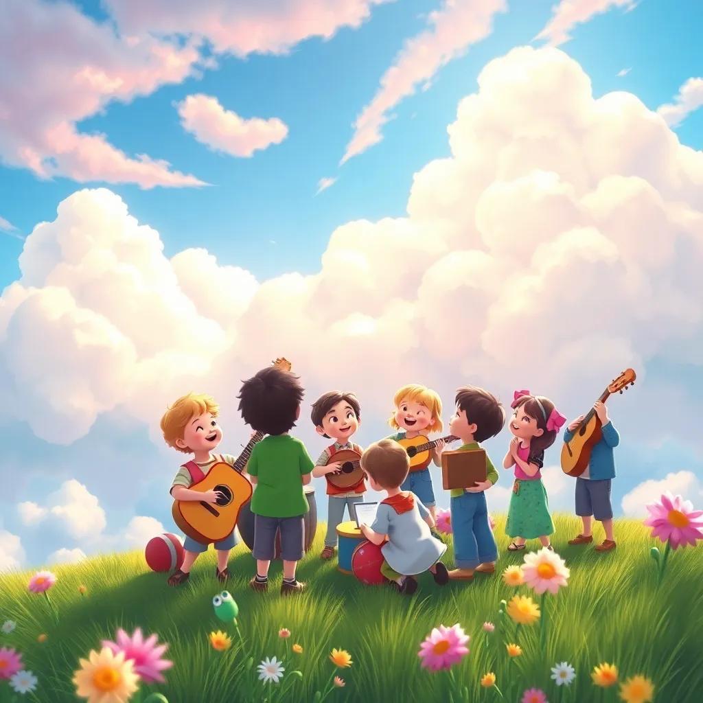 Cumulus inviting children to join in, with clouds and kids gathering, all happily playing musical instruments together, colorful clouds and joyful expressions, magical scene, engaging and lively