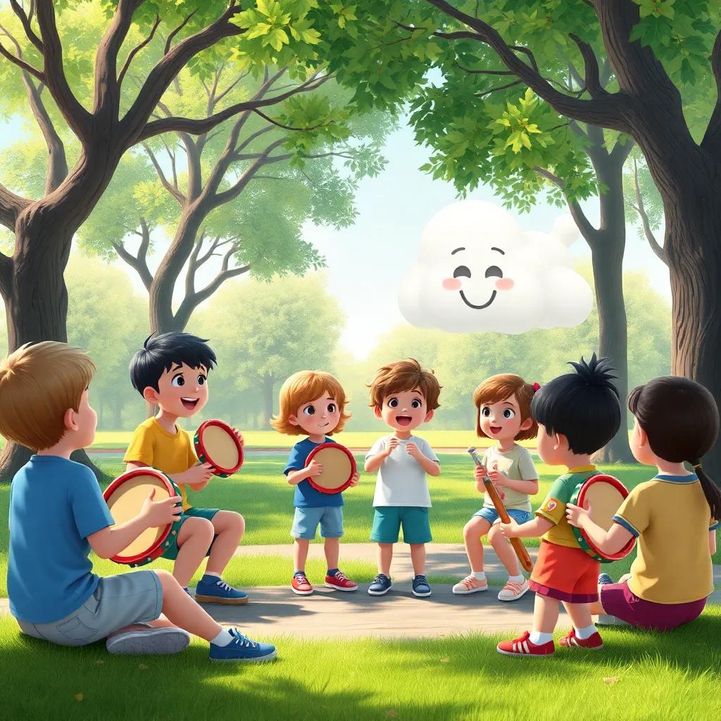 Children at the park playing tambourines and other instruments, creating music with the Friendly Clouds, vibrant park environment, supportive and cheerful atmosphere, digital art