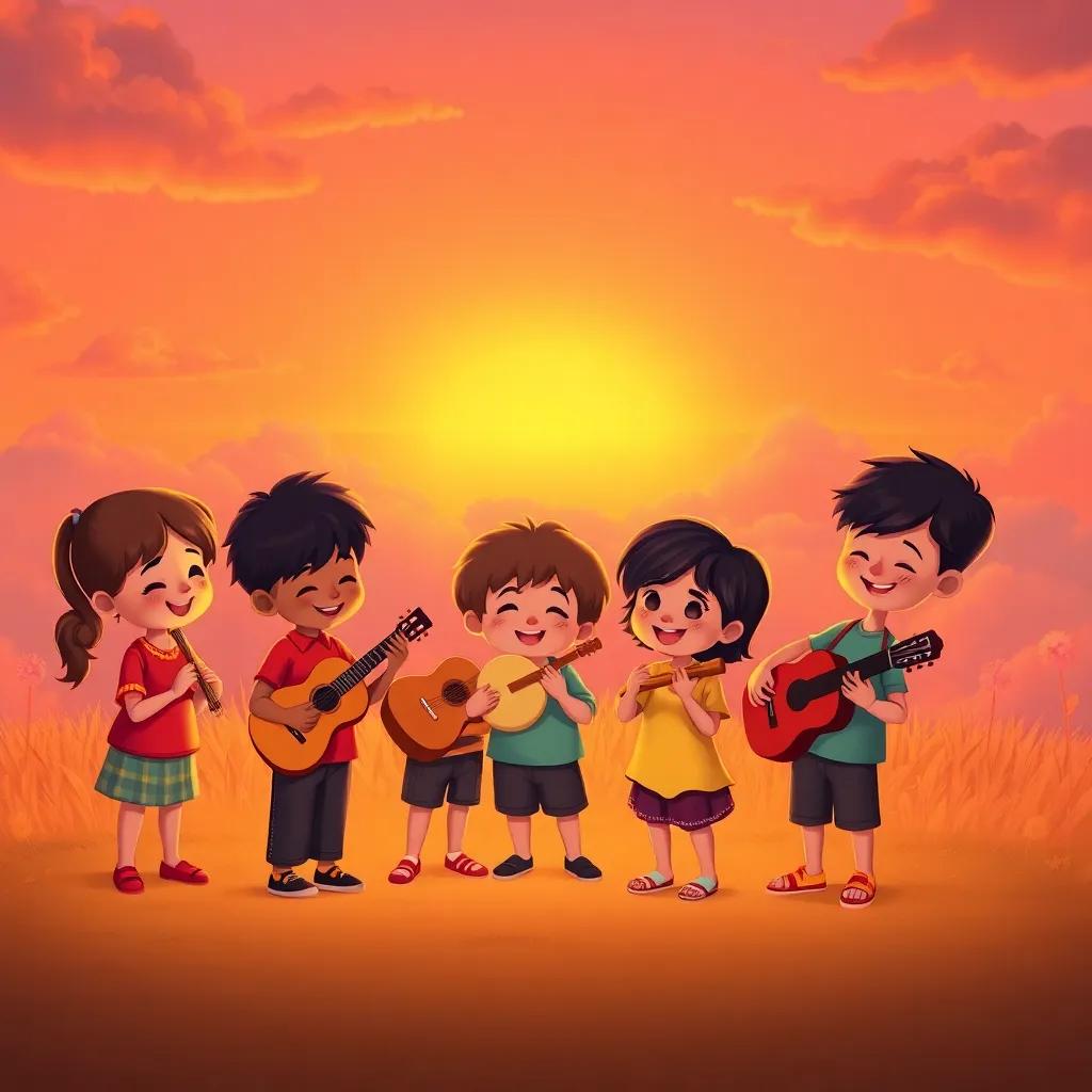 A cheerful group of children and Friendly Clouds practicing music together, a sunset in the background painting the sky orange and pink, harmonious scene, warm colors, magical ambiance