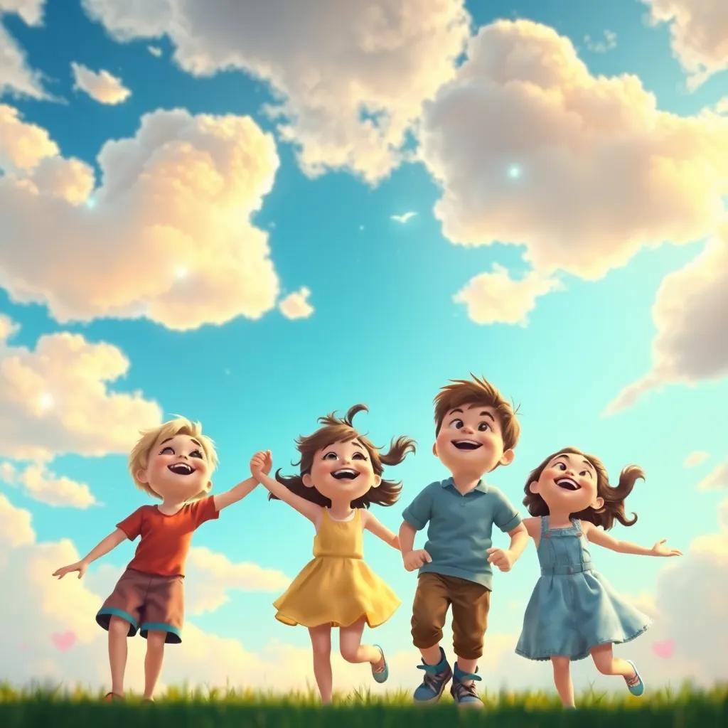 The Friendly Clouds looking down at dancing children, full of joy in their expressions, beautifully colored sky, heartwarming imagery, dreamy style, playful