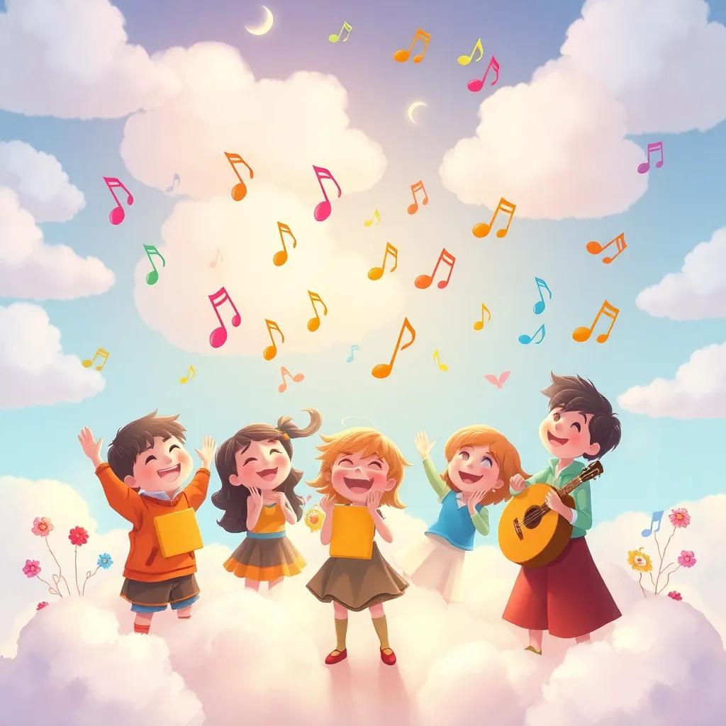 A party of clouds and children making joyful music together, with colorful notes floating in the air, bright and imaginative scene, colorful, friendly atmosphere, high quality