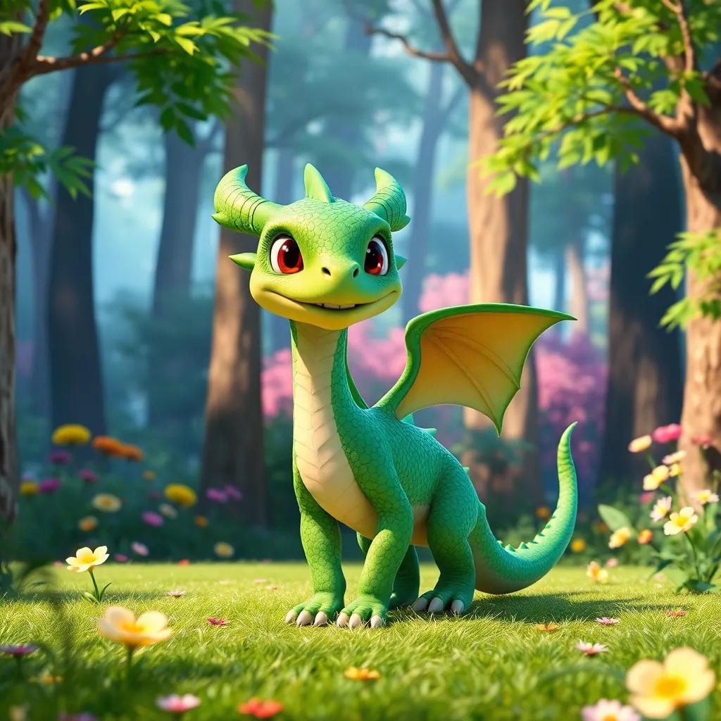 A young dragon, Zephyr, bright green with sparkly scales, standing in a lush green forest with tall trees and colorful flowers, cheerful atmosphere, digital art, vibrant colors, inviting and friendly