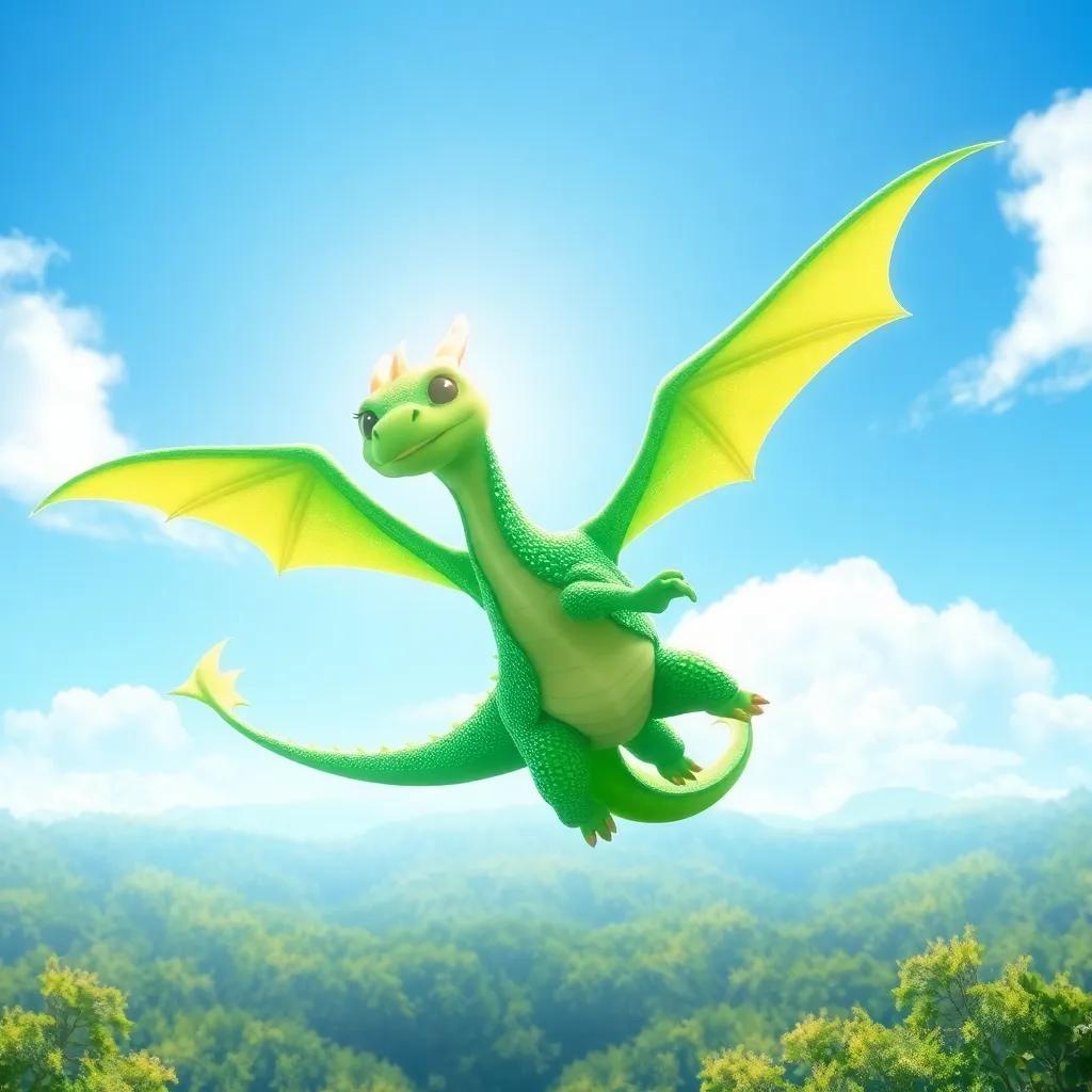 Zephyr, a bright green dragon with sparkling emerald scales, flying over the forest with a clear blue sky, sunlight bathing the land below, joyful and adventurous, digital painting, bright and vibrant