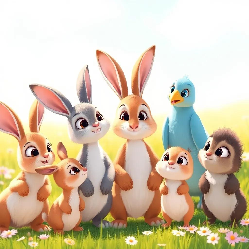 A group of small animals like rabbits and birds, standing together with wide eyes, looking at Zephyr who is smiling gently, in a sunny meadow with flowers, illustration, friendly vibe, soft colors