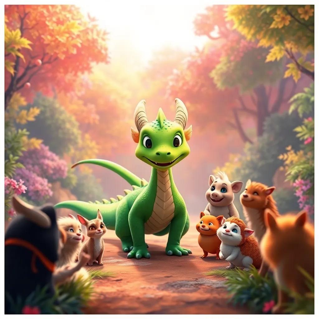 Zephyr, the bright green dragon, approaching the group of animals with a friendly smile, surrounded by a colorful forest, showing courage and kindness, digital art, warm colors, inviting perspective