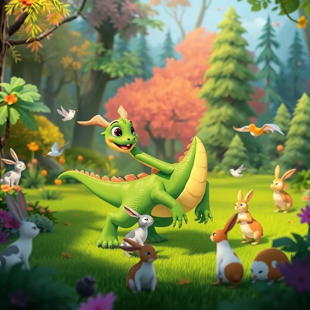 Zephyr, a friendly green dragon, playing tag with rabbits and birds in a vibrant forest, everyone laughing and having fun, high quality, child-friendly, bright and colorful