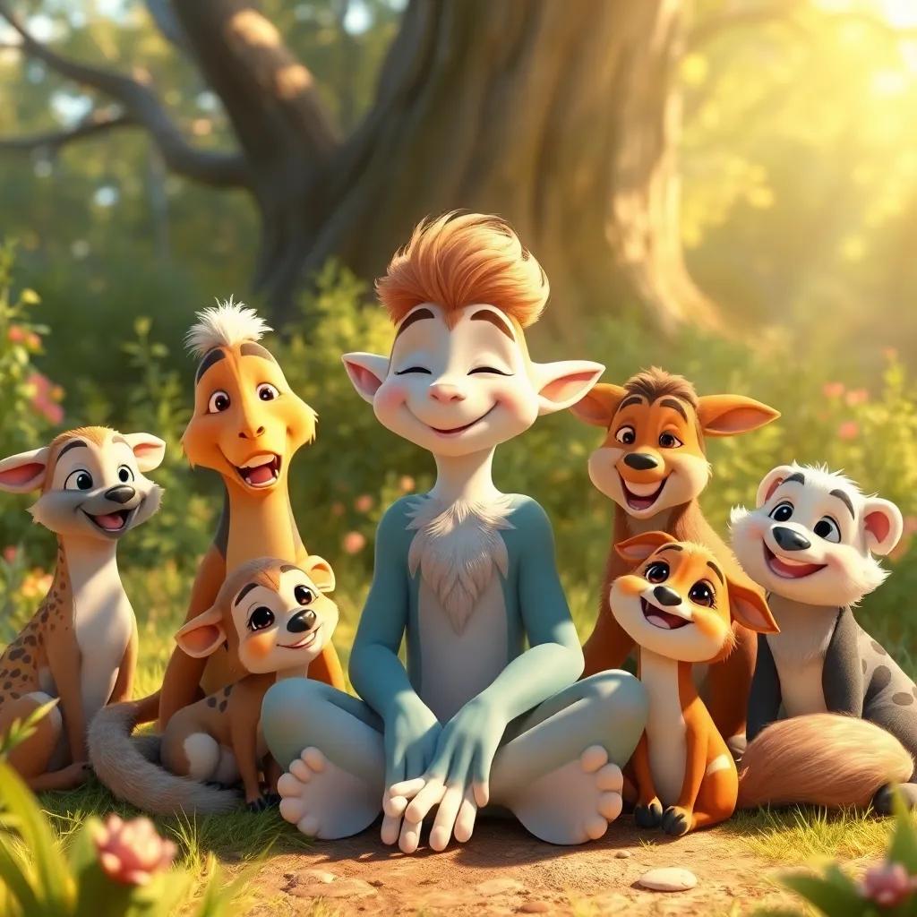 Zephyr sitting down peacefully with the animals around him, all smiling and relaxed in a sunny glade, showing a happy moment of friendship, warm light, charming, cheerful atmosphere