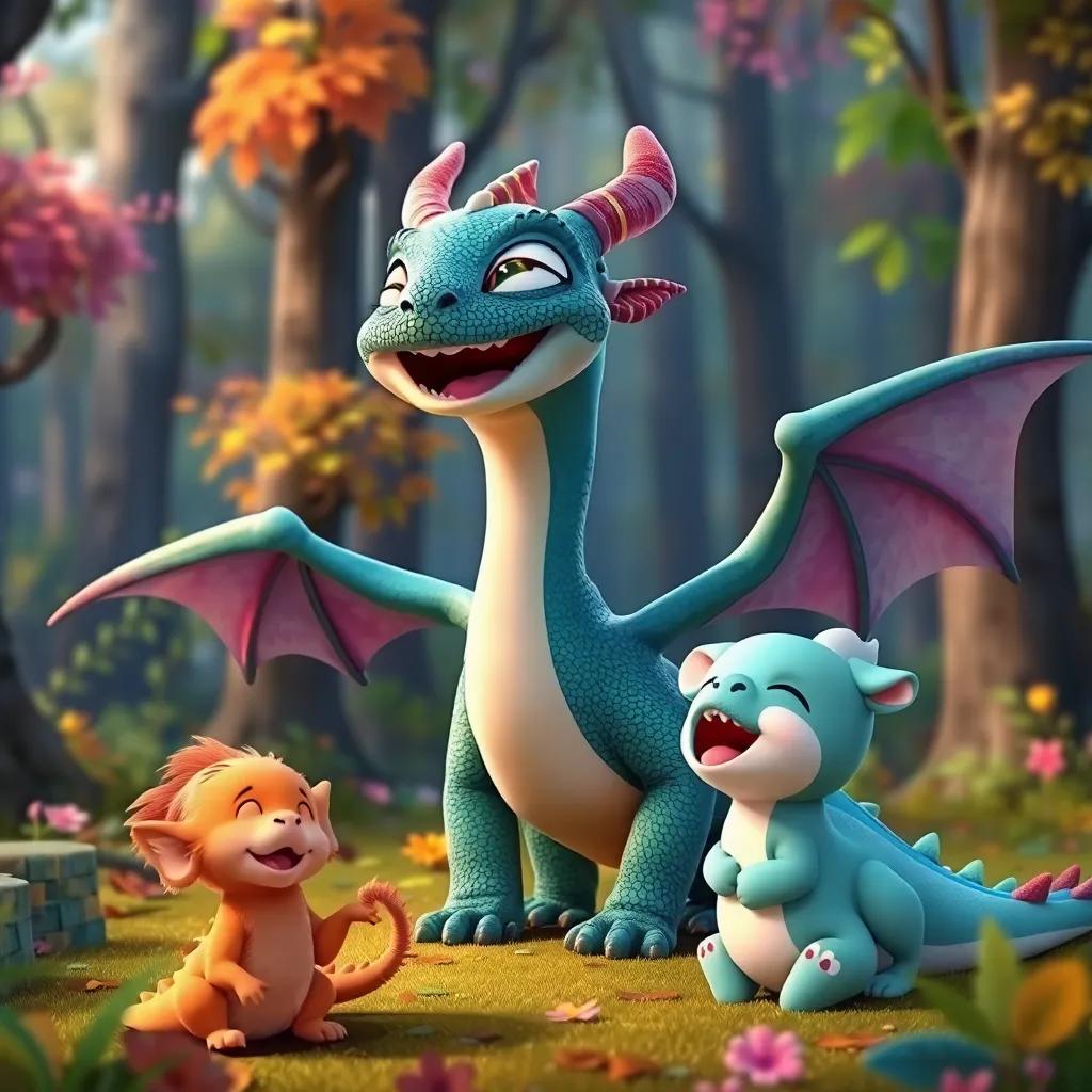 Zephyr the dragon laughing with his new friends in the forest, demonstrating joy and companionship, colorful forest background, high quality, heartwarming