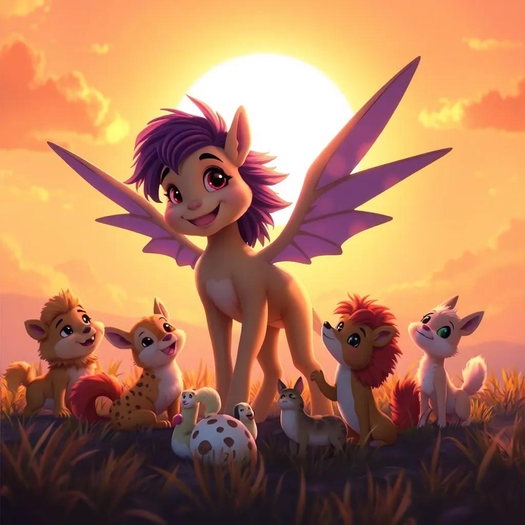 A sunset scene of Zephyr with all his animal friends, playing together in the fading light, showing unity and happiness, digital art, magical atmosphere, warm colors
