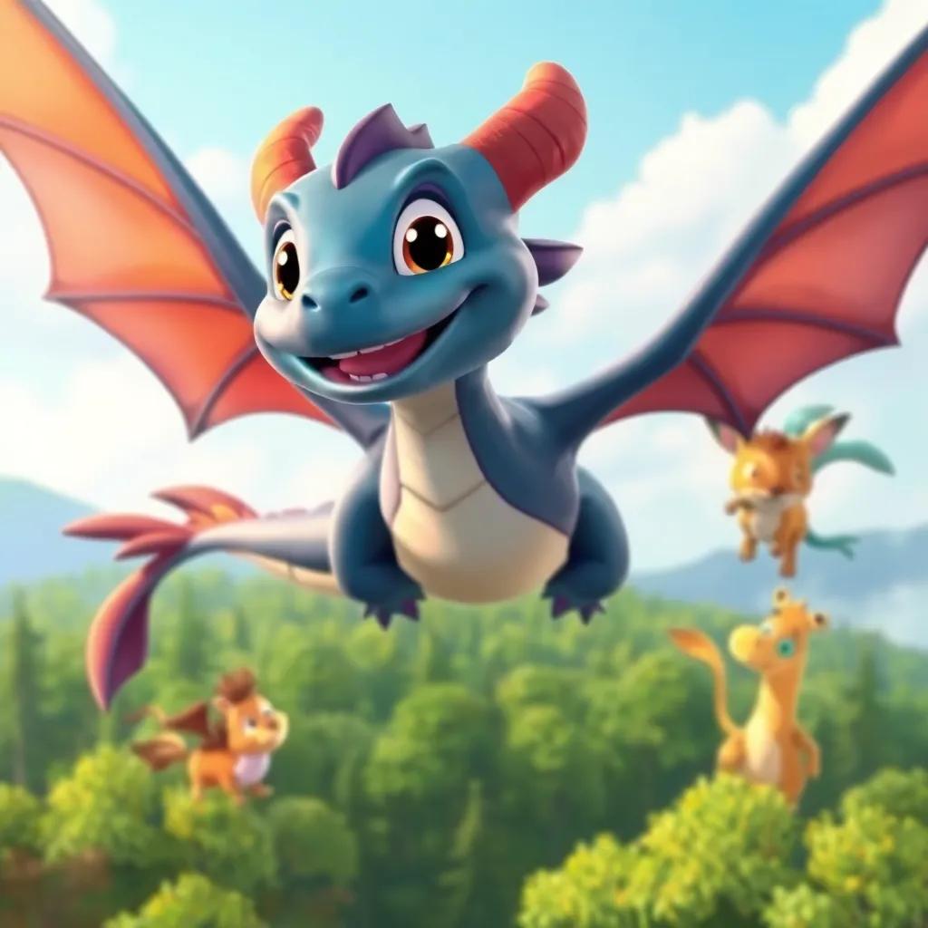 Zephyr, the friendly dragon, with a big smile, flying high above the forest with his animal friends, celebrating their friendship, joyful colors, inspiring