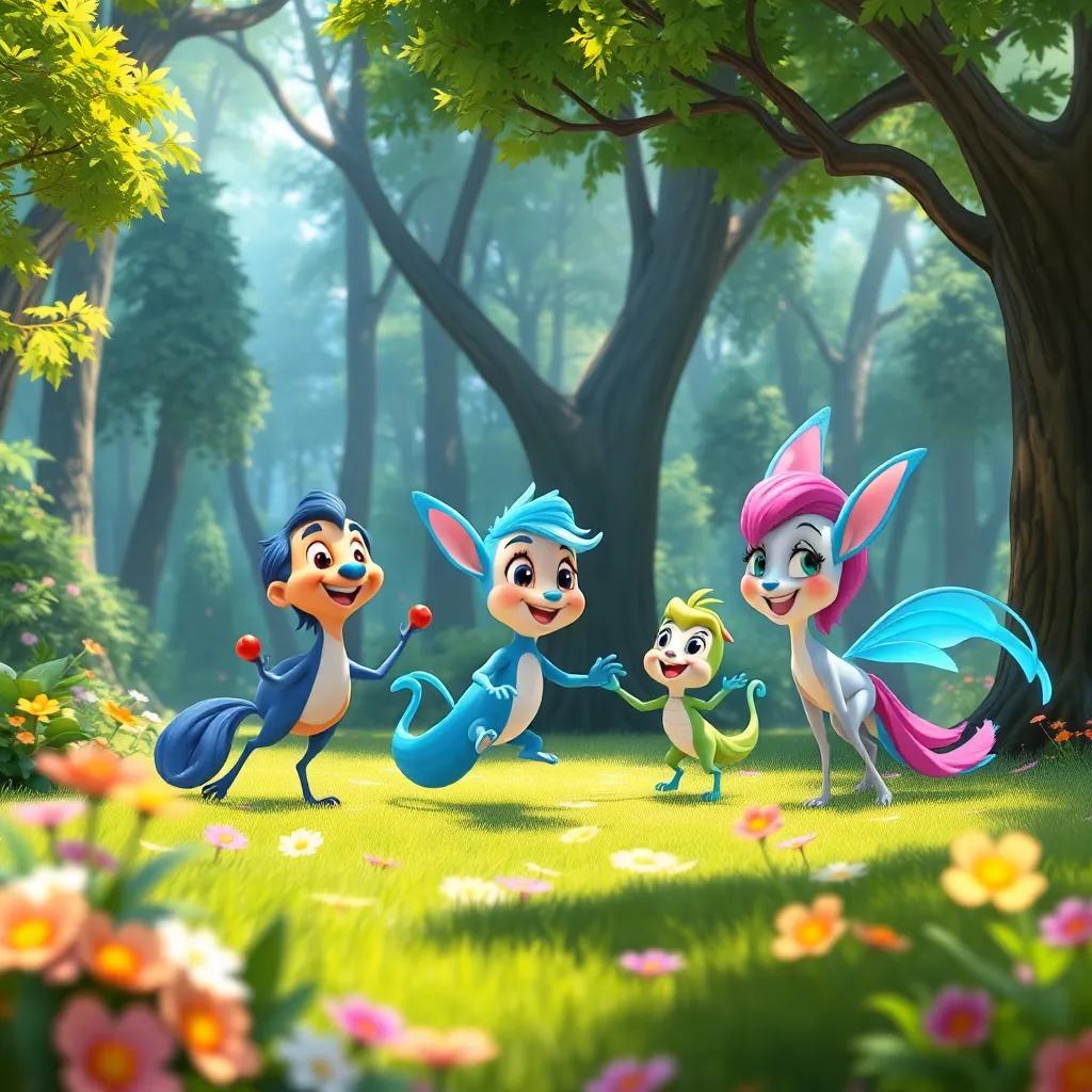 A vibrant and magical forest scene with Zephyr and his friends happily playing together, surrounded by trees and flowers, portraying a joyful friendship, bright and colorful