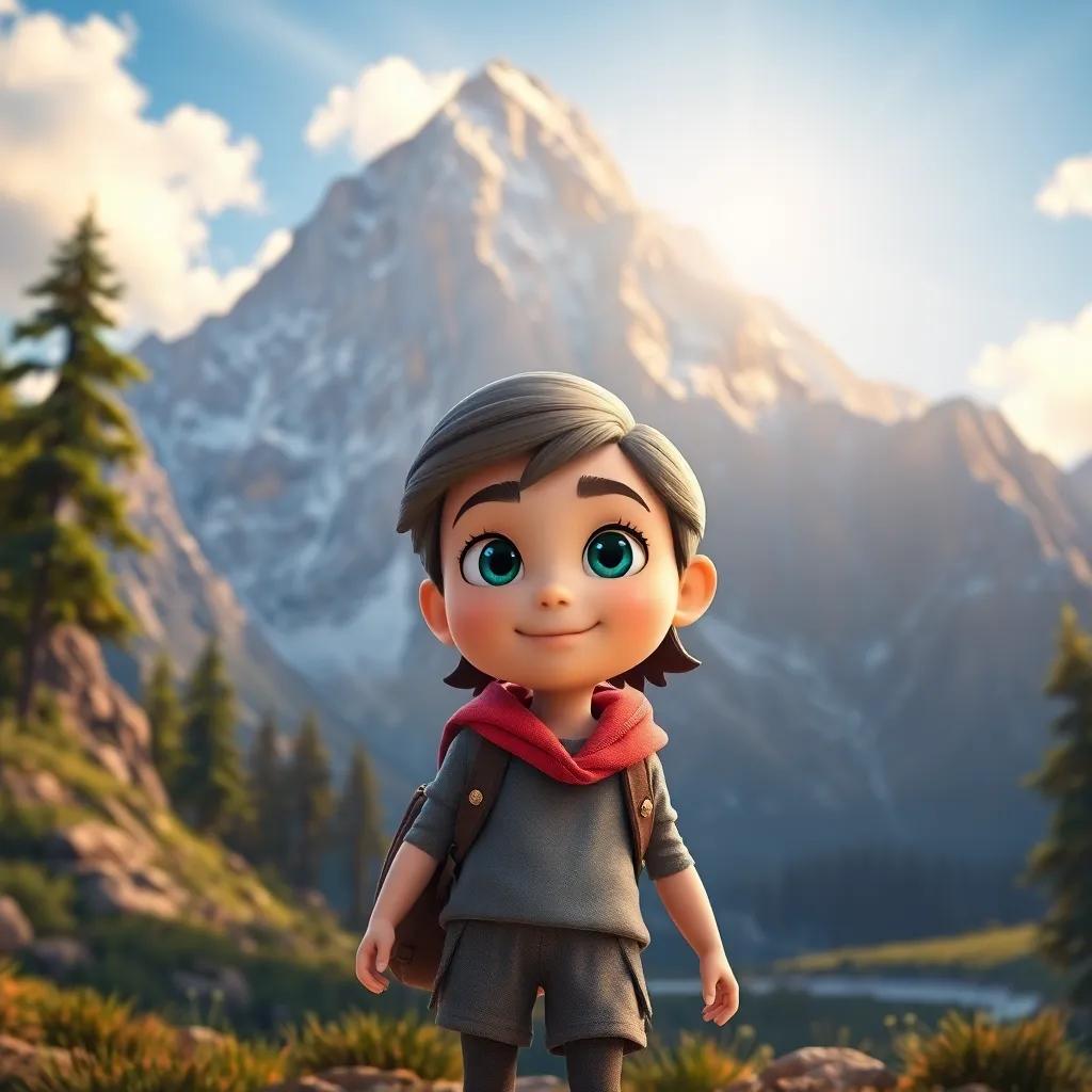 A brave girl named Ella, with bright eyes and adventurous spirit, standing at the foot of a majestic mountain, sunlight shining down, digital art, vibrant colors, inviting atmosphere, high quality