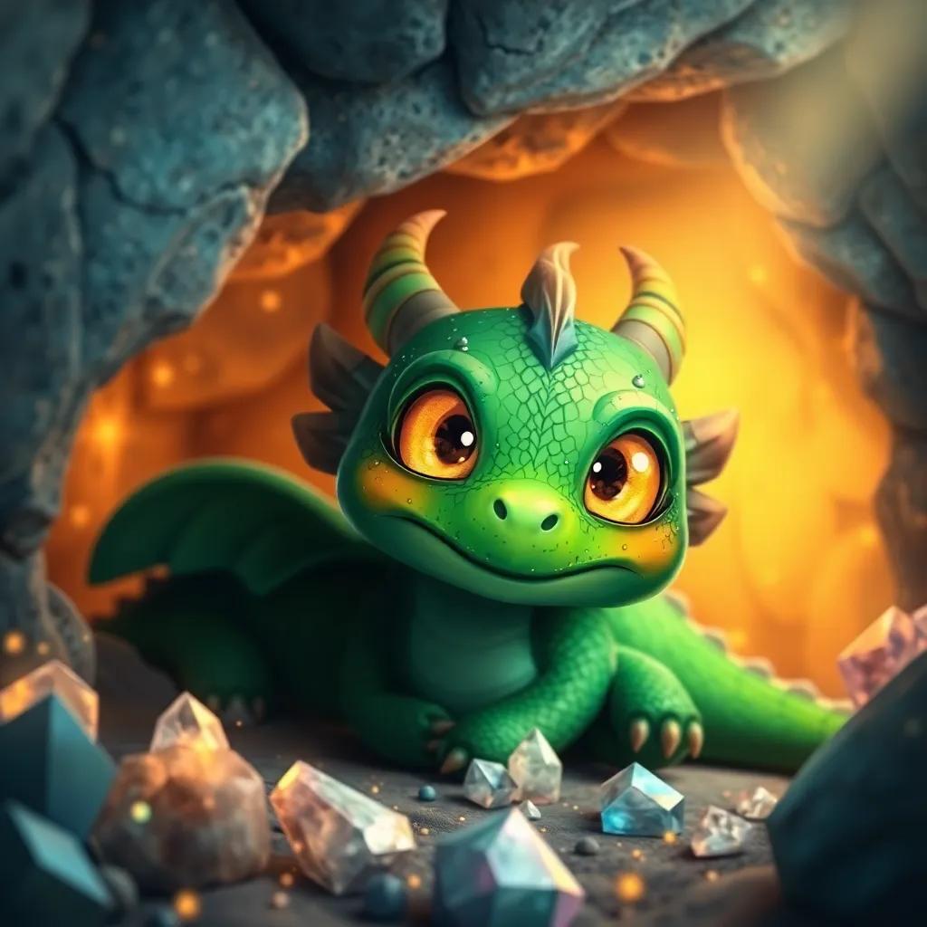 Draco, the friendly dragon, with shiny green scales and big golden eyes, waking up in a cave filled with sparkling crystals, warm light, magical ambiance, child-friendly, high quality