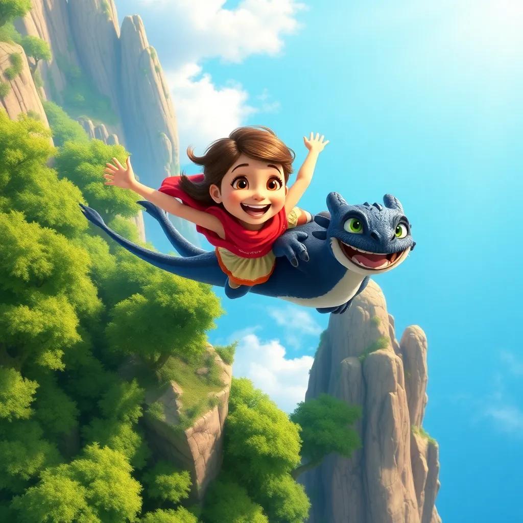 Ella and Draco soaring high in the sky, flying over lush green trees and rocky cliffs, smiling and laughing together, bright blue sky, illustration, cheerful adventure, high detail