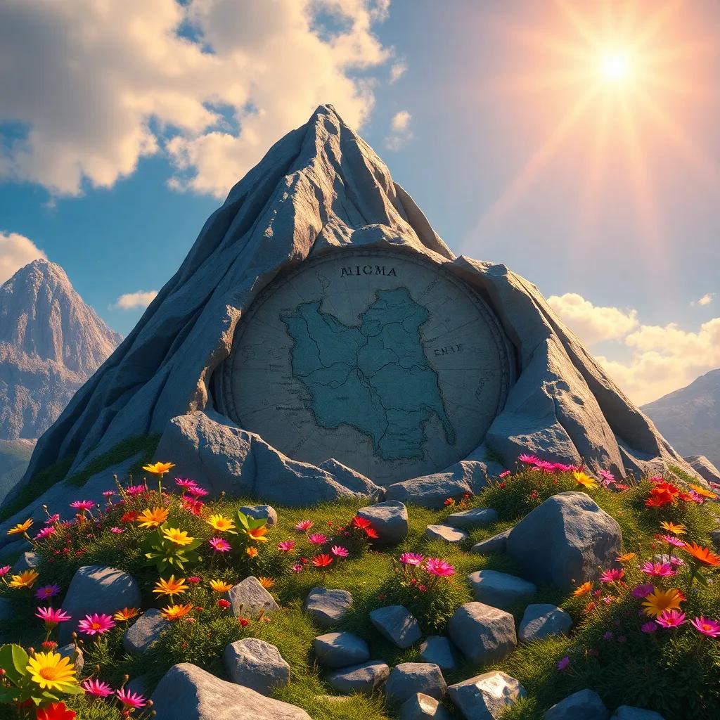 A rocky peak with an old map carved into a stone, surrounded by colorful flowers and sparkling stones, sunlight illuminating the scene, magical realism, vibrant colors, high quality