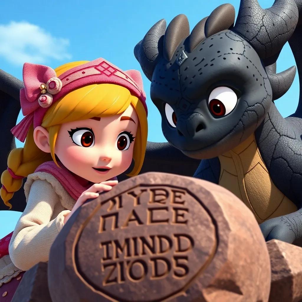 Ella and Draco solving a riddle, looking at the carved stone with determination, expressions full of excitement, adventure-themed, clear blue sky, child-friendly, high quality