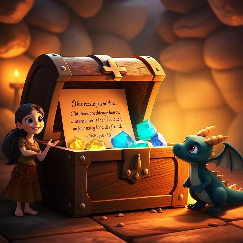 The treasure chest opening with glowing jewels and a note about friendship, surrounded by Ella and Draco in awe, warm light, inviting atmosphere, heartwarming, high quality