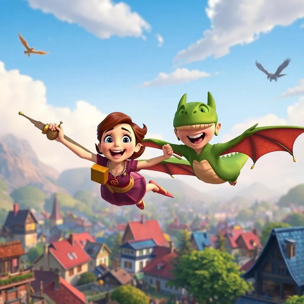 Ella and Draco flying back to their village, holding treasures, joyful and excited expressions, lively village below with rooftops and people cheering, colorful, inviting atmosphere, high quality