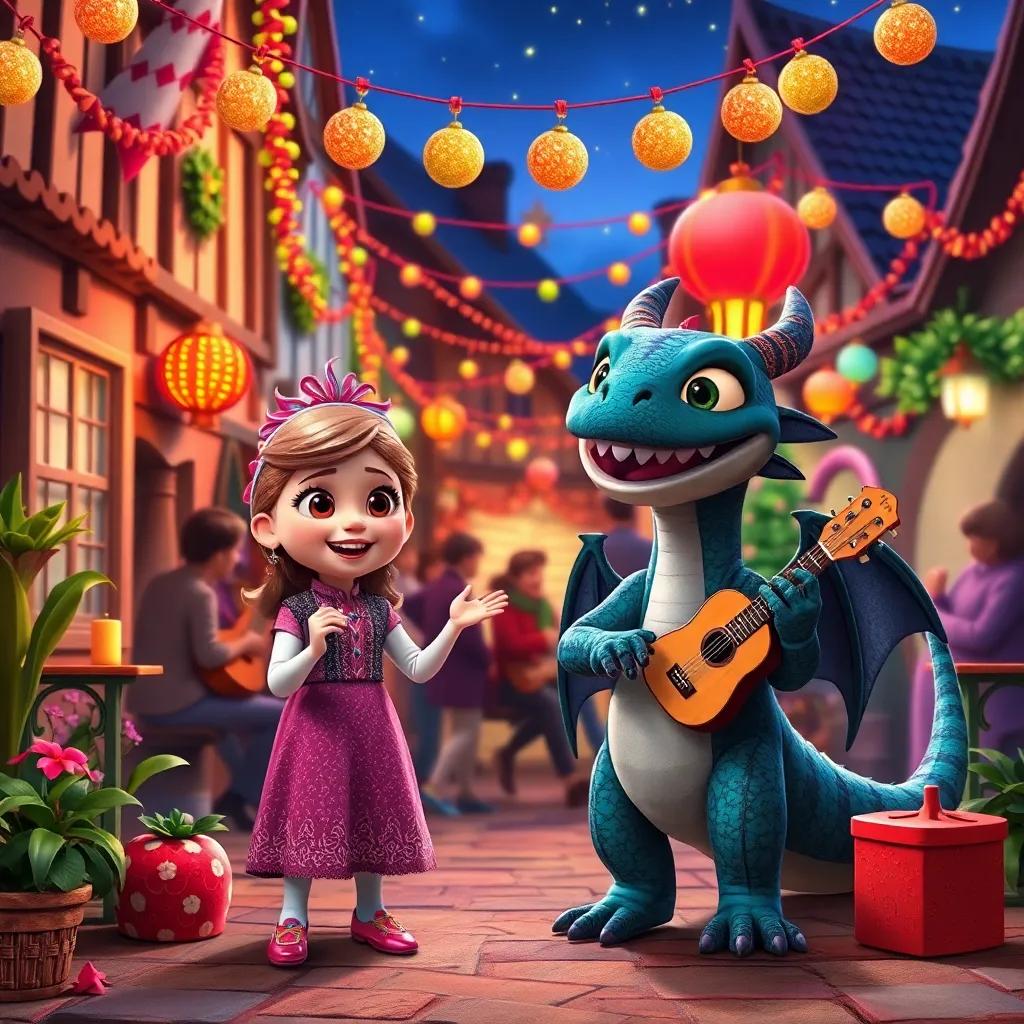 A celebration in the village with music and dancing, Ella and Draco as stars of the night, colorful decorations, happy faces, festive atmosphere, child-friendly, high quality