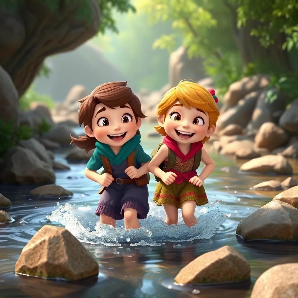 Ella and Draco exploring a river together, filled with adventure and laughter, nature surrounding them with rocks and trees, joyful expressions, vibrant colors, high quality