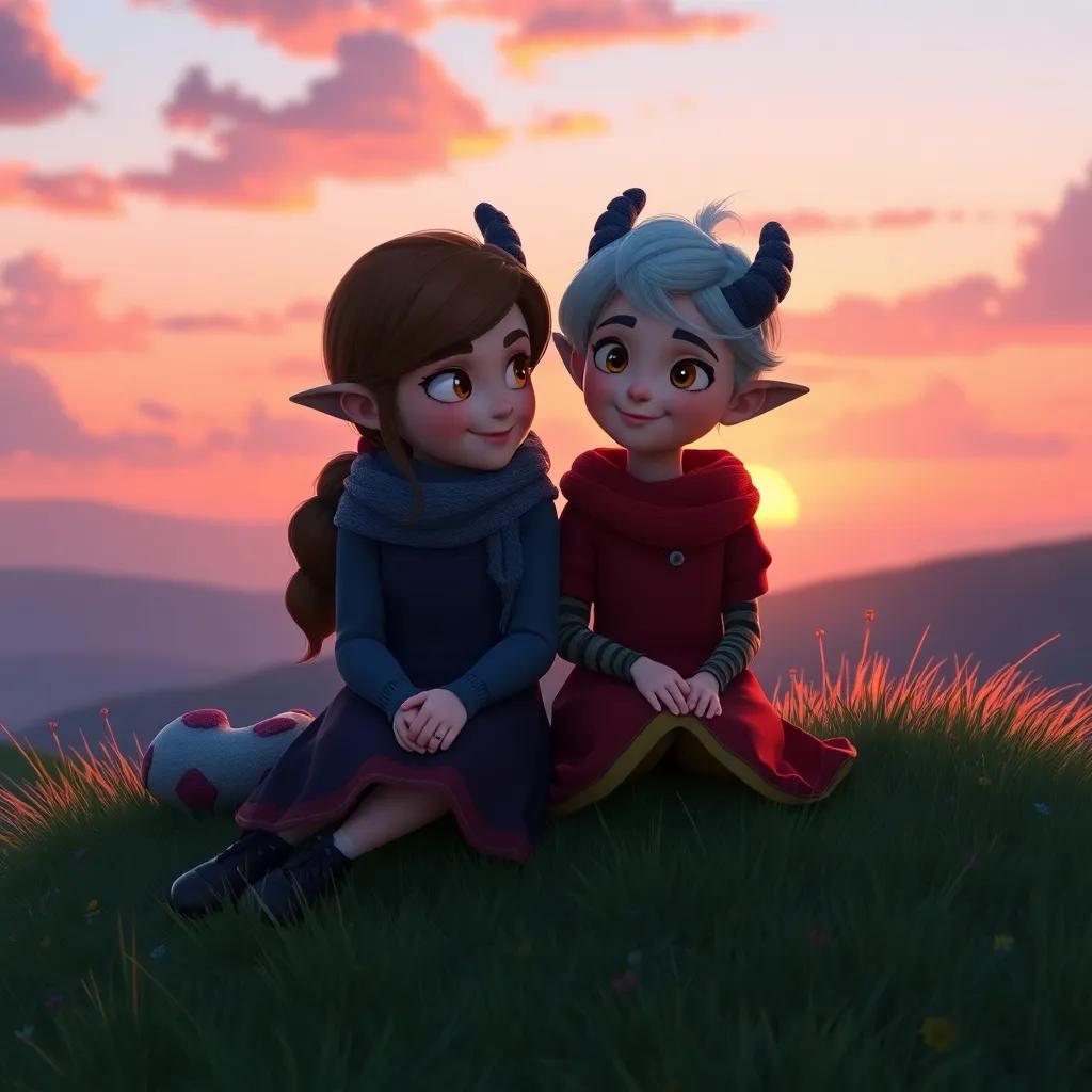 Ella and Draco sitting together on a hill, looking at the sunset, sharing dreams of future adventures, warm and peaceful ambiance, heartwarming, vibrant colors, high quality