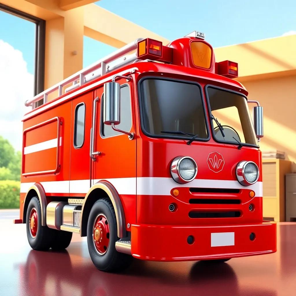 A bright red firetruck, Freddie, with shiny paint, standing proudly in a sunny garage, digital art, vivid colors, cheerful atmosphere, high quality
