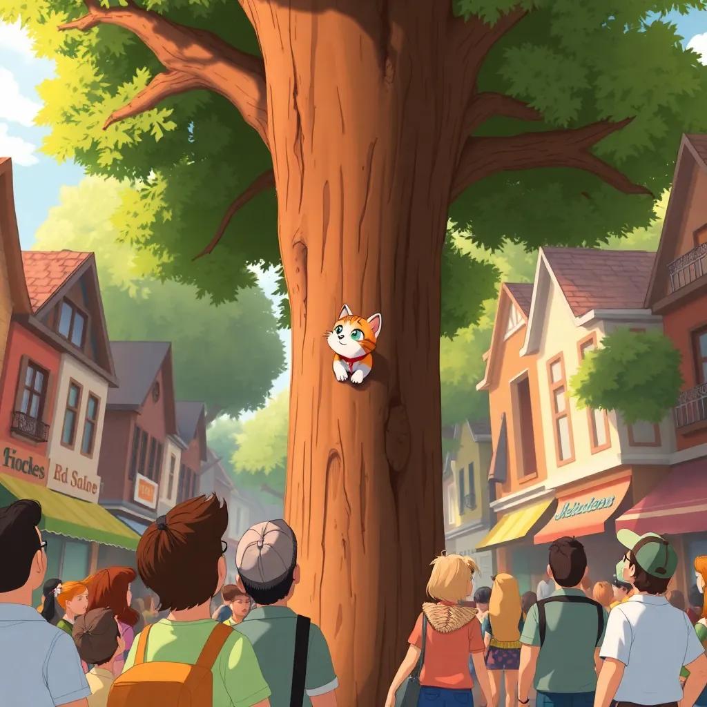 A bustling town scene with people looking up at a tall tree, where a little kitten, Whiskers, is stuck at the top, digital illustration, lively colors, warm and inviting