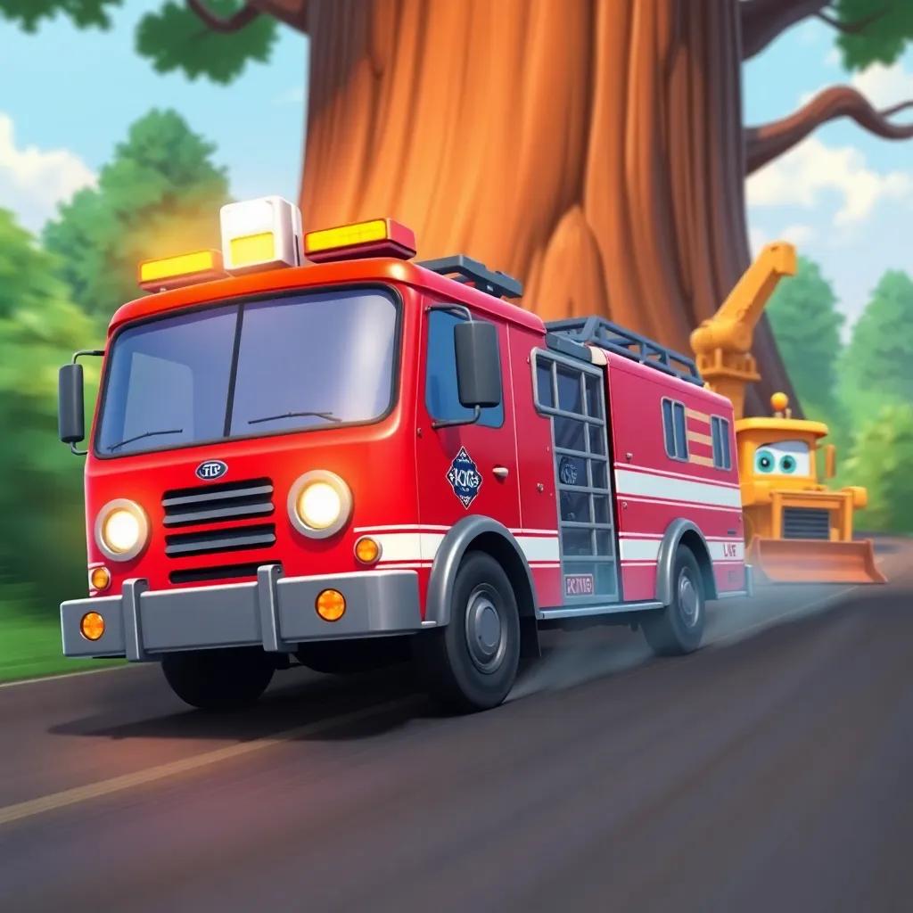 Freddie the firetruck with lights flashing, calling to his friends, Benny the bulldozer and Lucy the ladder truck, racing toward the tall tree, colorful and vibrant, action-packed