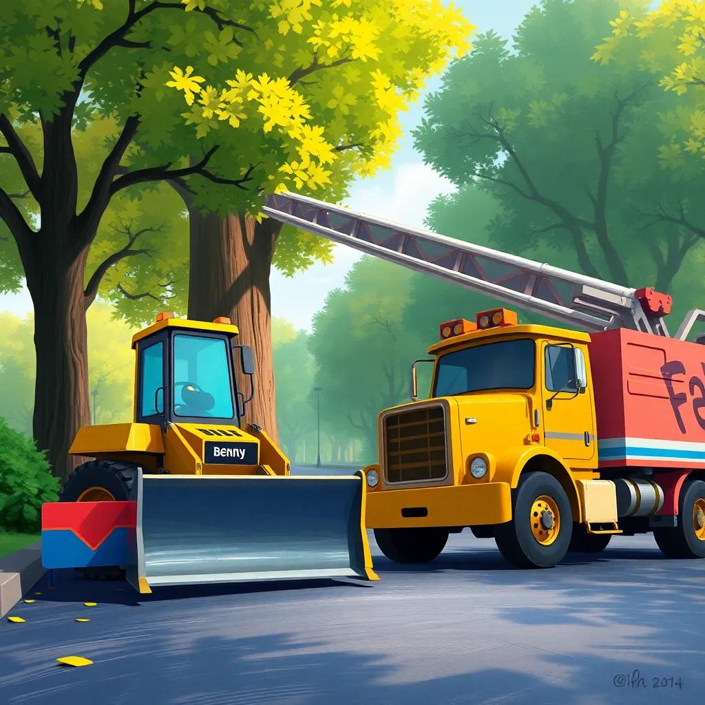 Benny the bulldozer blocking the road, while Lucy the ladder truck extends her ladder toward the tree, digital painting, dynamic composition, teamwork vibes