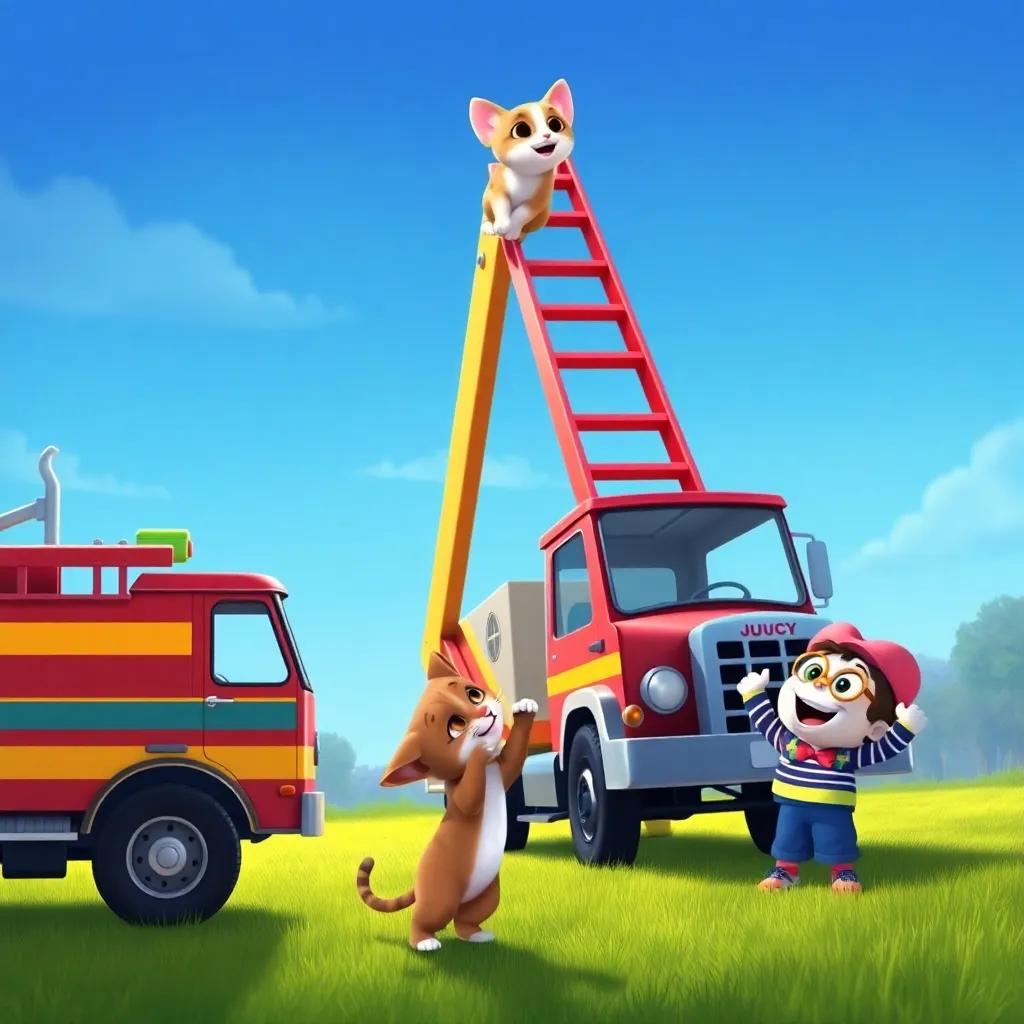 Lucy the ladder truck reaching high with her ladder towards Whiskers, the little kitten, while Freddie cheers them on in the background, bright colors, heartwarming scene