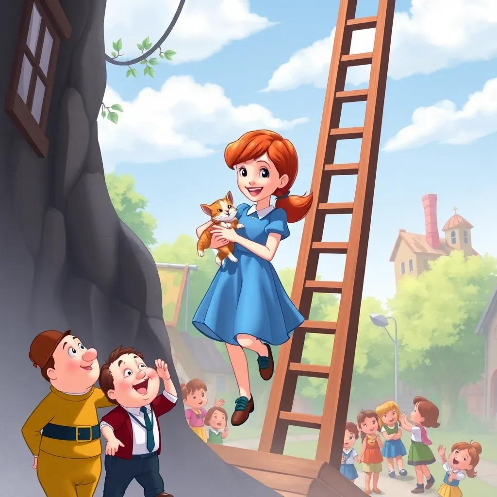 Lucy gently holding the kitten, Whiskers, as she returns down the ladder, while Freddie and townspeople cheer happily at the bottom, illustration, joyful and uplifting