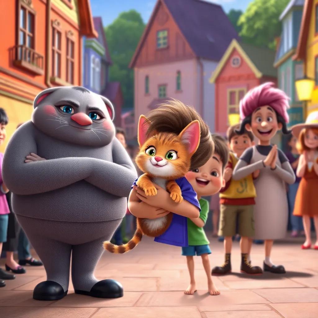 Whiskers the kitten safely in the arms of a child, Freddie and his friends standing proud nearby, townspeople clapping and cheering, digital art, colorful, community spirit