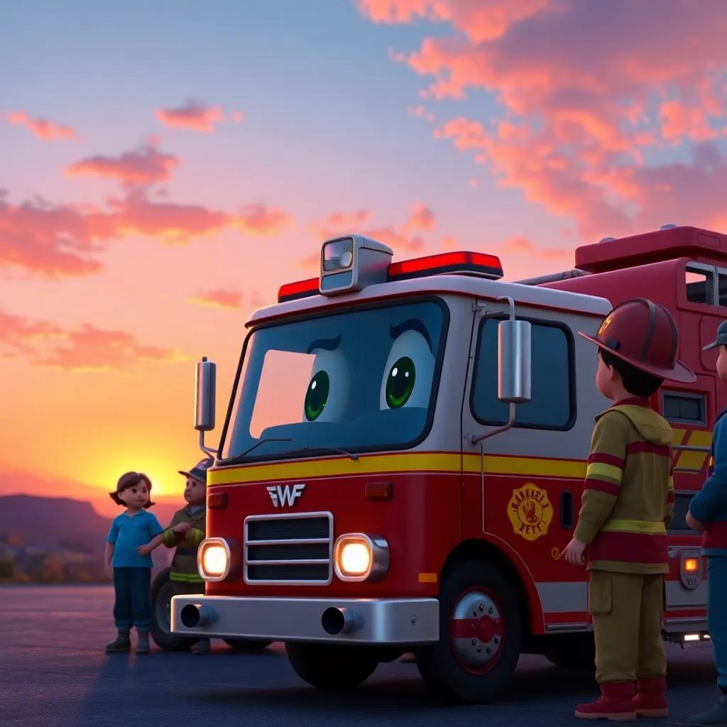 Freddie the firetruck smiling with his friends after the rescue, looking at the sunset sky, showing the importance of teamwork in every mission, warm colors, inspirational