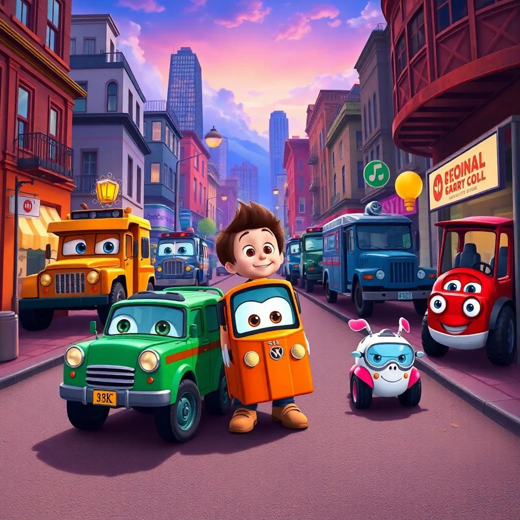 Freddie exploring the town with his friends after the rescue, helping at different locations, promoting teamwork among all vehicles, digital illustration, vibrant scenes, adventures