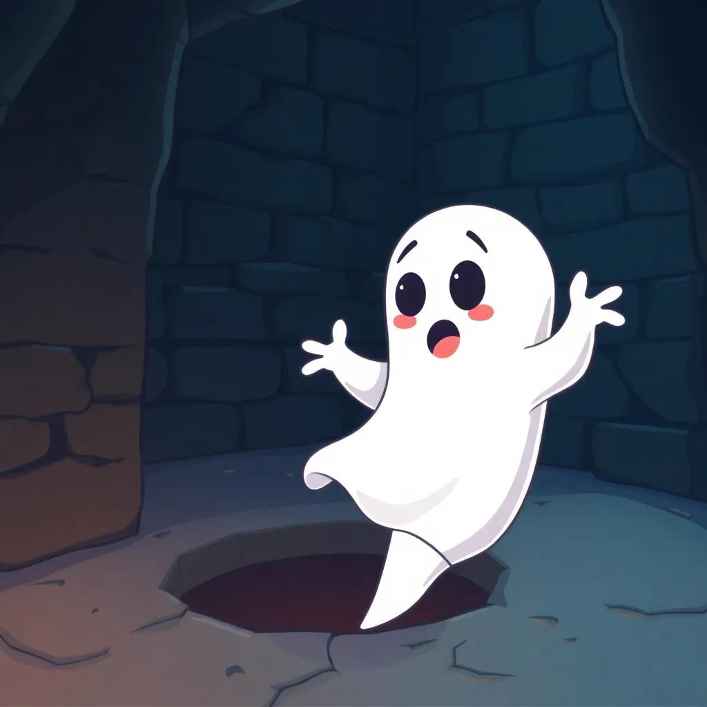 Oliver, a friendly little ghost, in a dark basement with a hidden hole in the floor, looking surprised as he falls, spooky but fun style, cartoon art, soft lighting, bright colors, high quality
