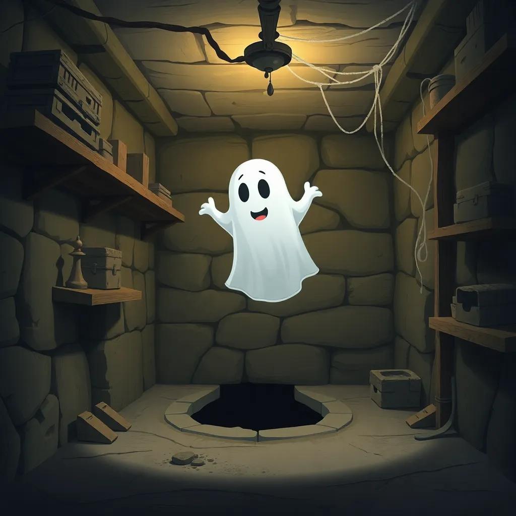 An old, creaky basement with dusty shelves and cobwebs, Oliver the ghost floating inside, looking curiously around, a surprise hidden hole in the floor, illustration, spooky yet friendly, child-friendly