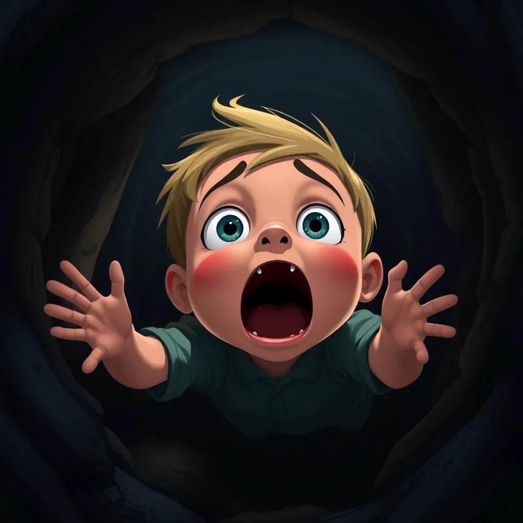 Oliver screaming as he falls into a deep, dark hole, his wide eyes show surprise and fright, the hole surrounded by shadows, digital painting, dramatic lighting, high contrast, quality scene
