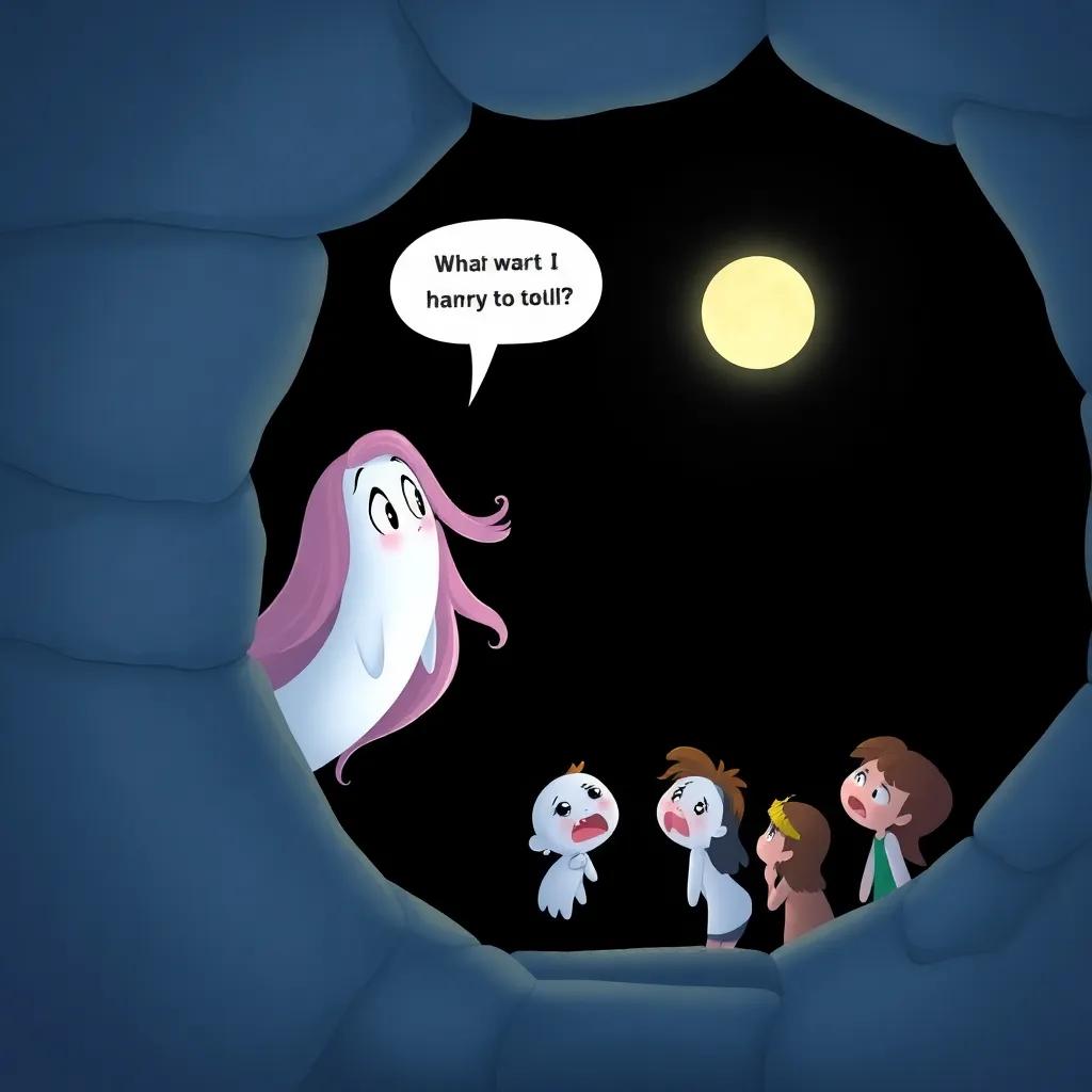 Lily, a kind ghost with long flowing hair, calling down into the hole with concern, her friends gathered around the edge looking worried, soft glow from the moonlight, illustration, caring and supportive, heartwarming