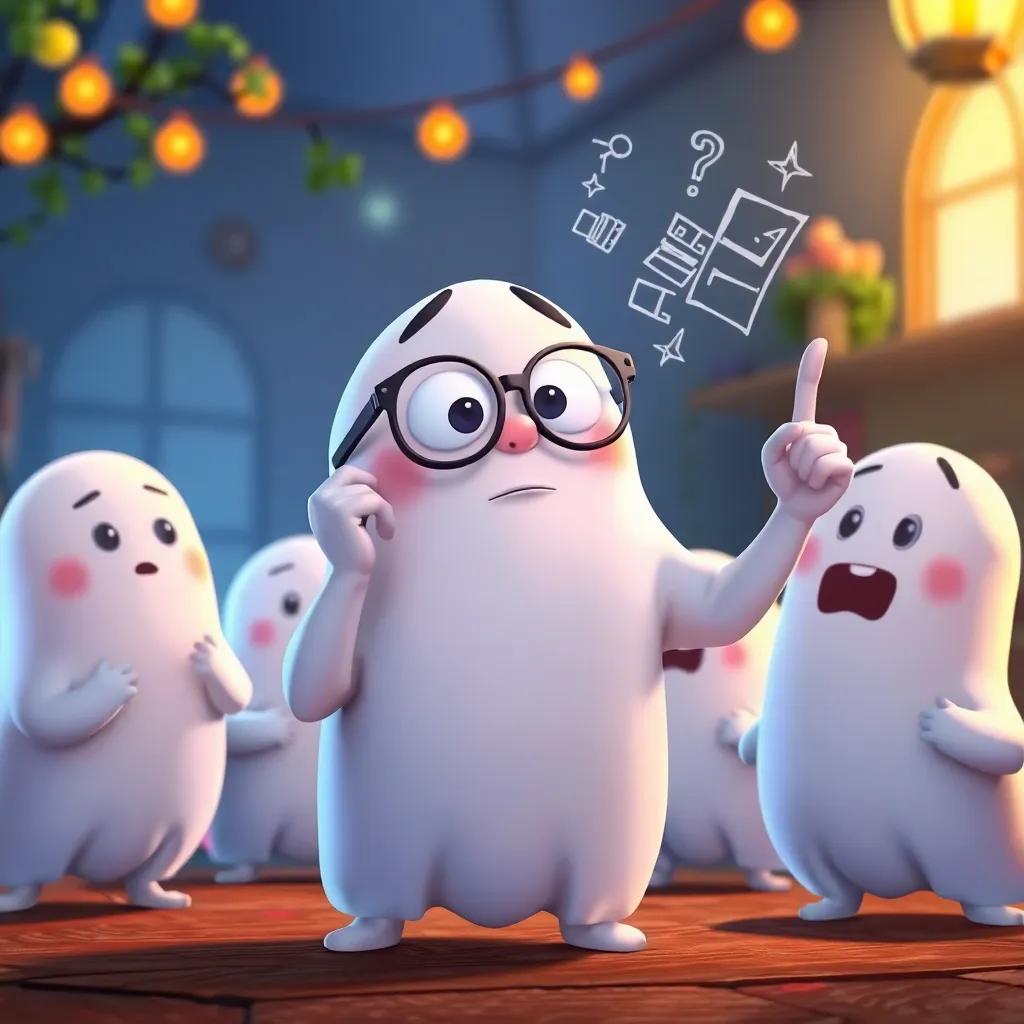 Max, a smart ghost wearing glasses, thinking hard and drawing a plan in the air with his finger, the other ghosts excitedly listening, vibrant atmosphere, a hint of magic, child-friendly scene