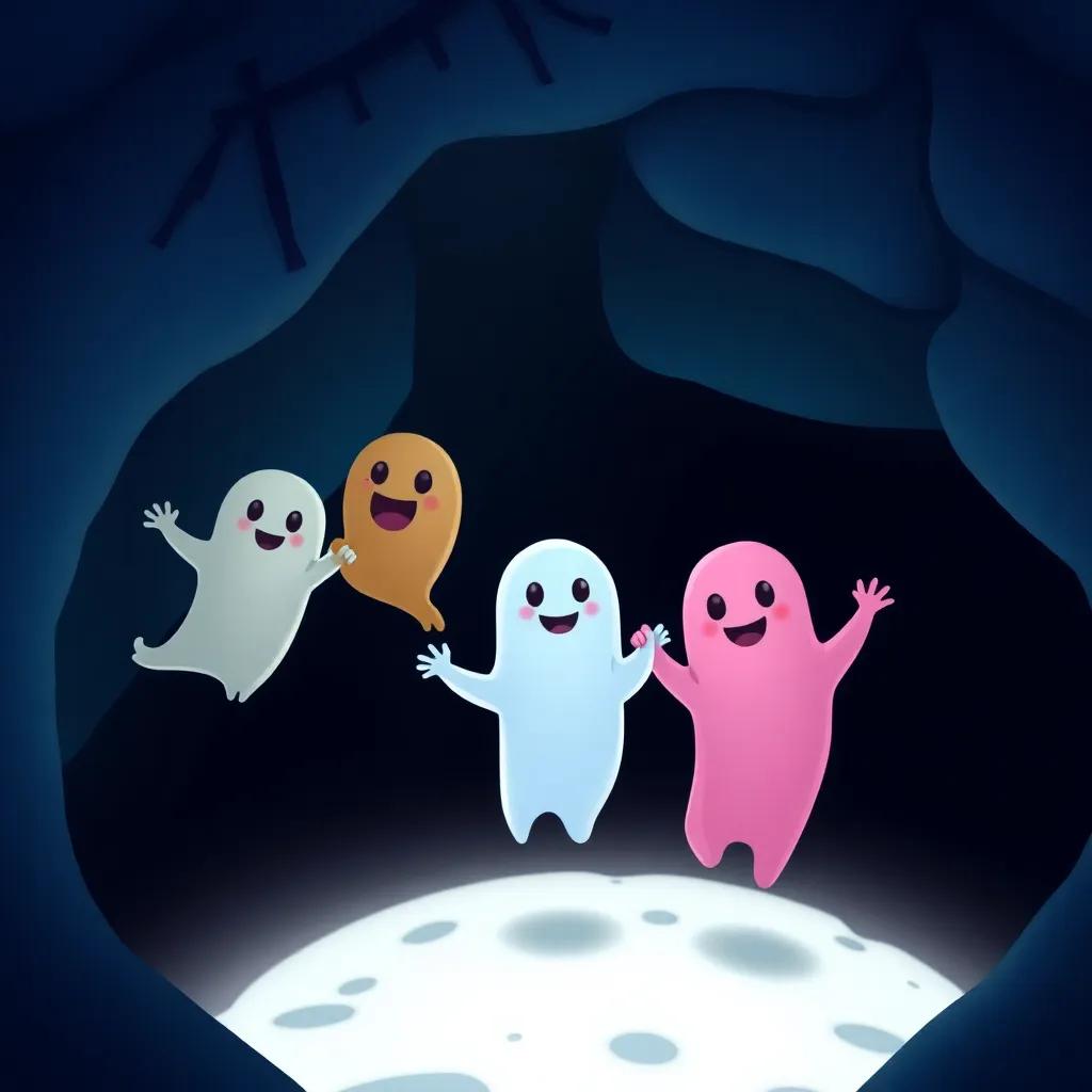 A colorful chain of ghosts holding hands, stretching down into the hole, their faces showing determination and friendship, playful atmosphere, digital painting, adventurous, child-friendly