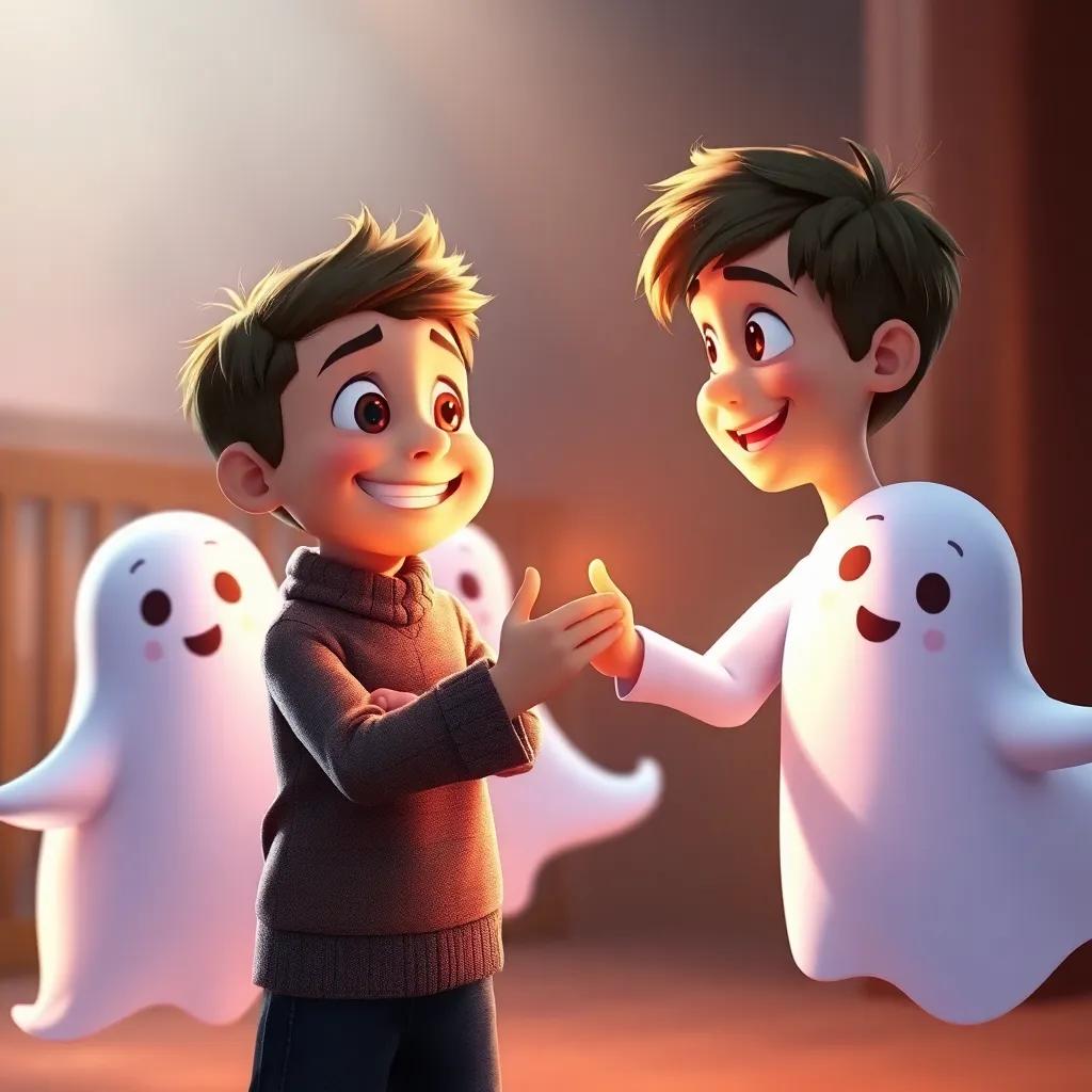 Oliver reaching for Max's hand with a hopeful smile, the other ghosts looking encouraging, warmth of friendship shown, light softly illuminating their faces, joyful and bright scene, high quality
