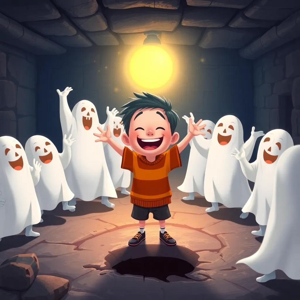 The ghosts celebrating with laughter and joy, dancing around the basement, a marked hole in the floor, Oliver at the center with a big smile, glowing atmosphere, cheerful, heartwarming, illustration