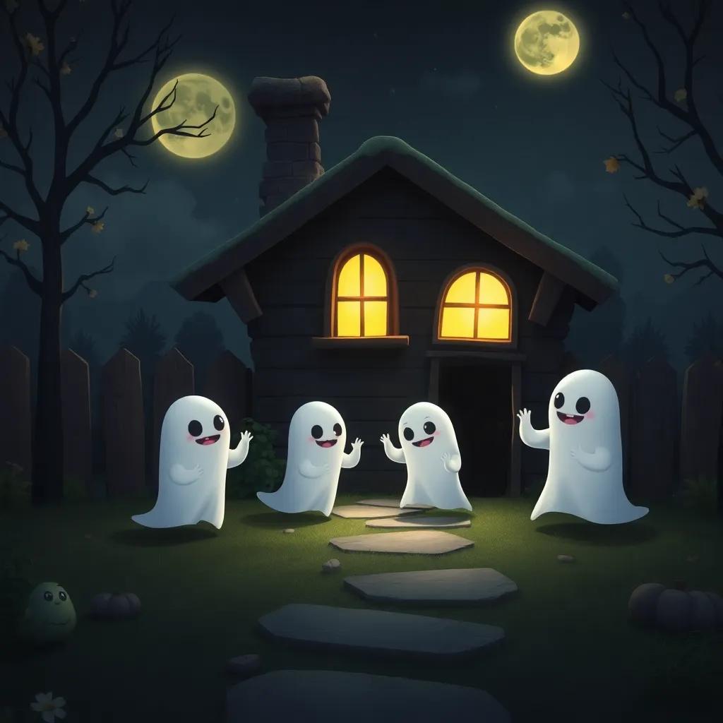 The ghosts playing hide and seek cautiously around the house, marking the hole safely, glowing moonlight casting soft shadows, friendly atmosphere, digital art, magical and whimsical, high quality