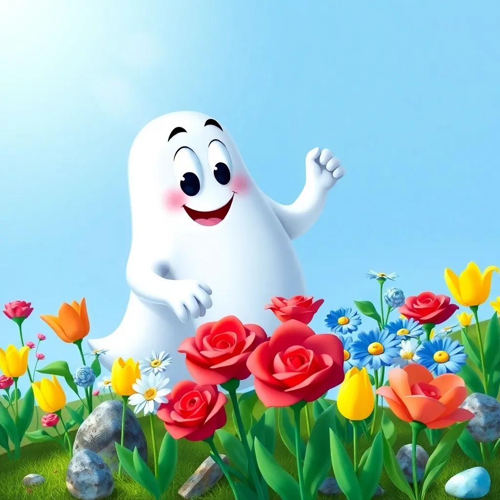 Glen, the friendly ghost, planting colorful flowers in a garden, with red roses, blue daisies, yellow tulips, and sparkling stones, under a bright blue sky, illustration, vibrant, cheerful atmosphere, child-friendly