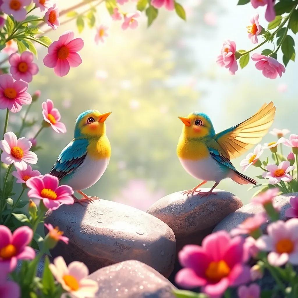 Joyful birds chirping in Glen's garden, among blooming flowers and shimmering stones, with sunlight illuminating the scene, representing happiness and friendship, digital painting, lively colors, uplifting mood, high quality