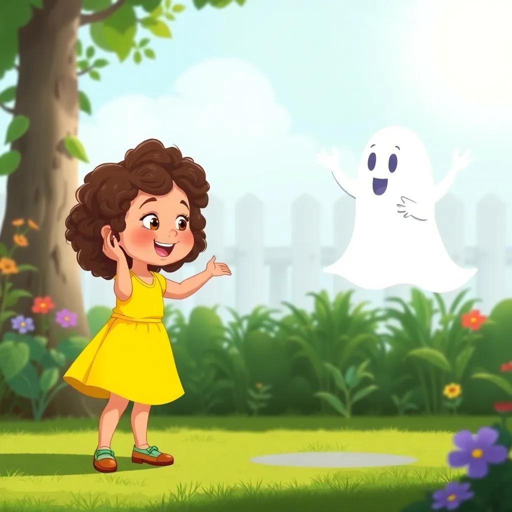 A little girl named Maya, with curly brown hair, wearing a bright yellow dress, standing excitedly in the garden, looking at Glen the ghost with curiosity and delight, illustration, cheerful, child-friendly, vibrant