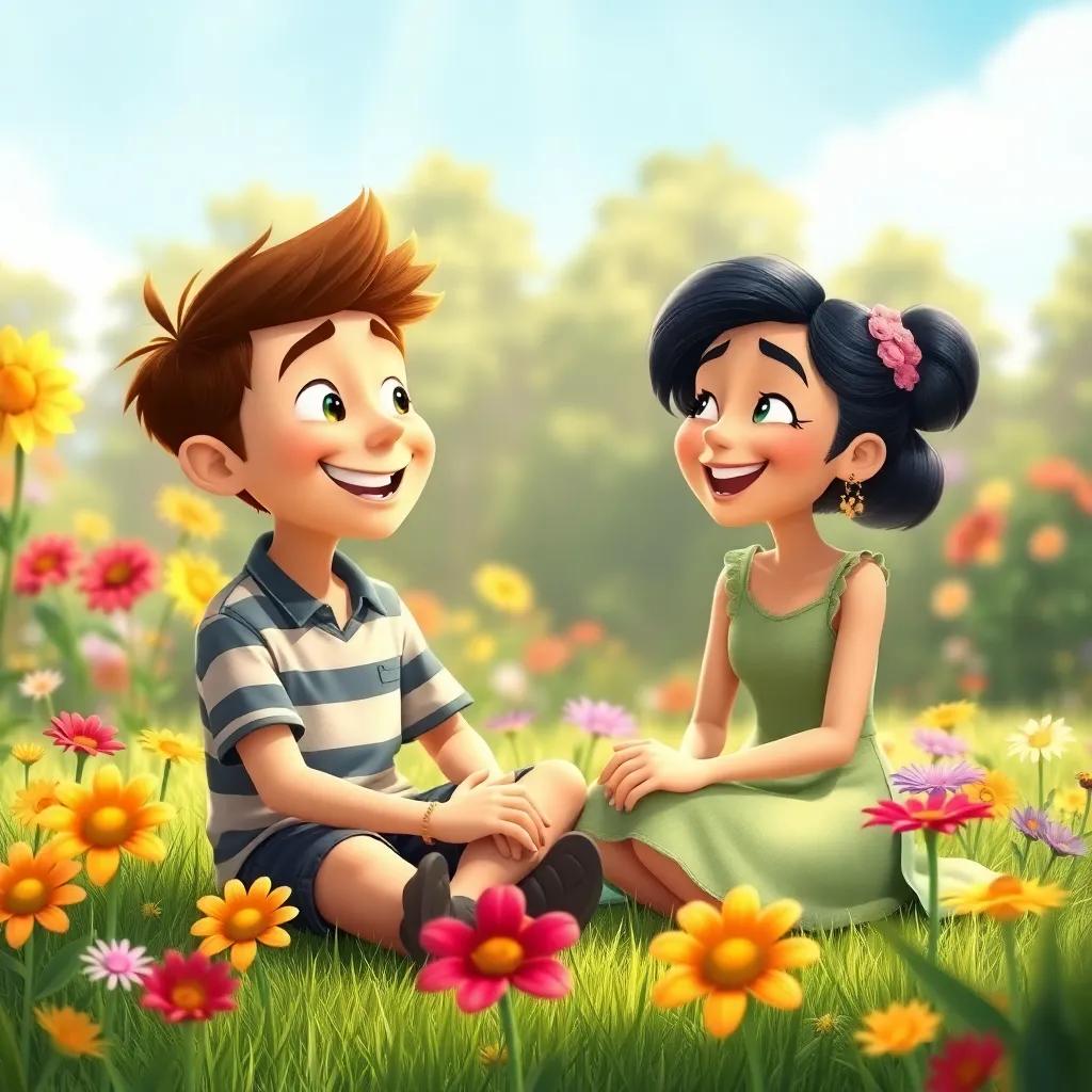Glen and Maya sitting on the grass in the garden, talking and laughing, surrounded by colorful flowers, with the sun shining down, showcasing a joyful friendship, digital art, warm colors, inviting atmosphere, high quality